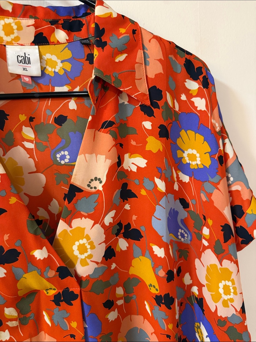 CAbi Bright Red Floral Polo Shirt with Blue & Yellow Blooms